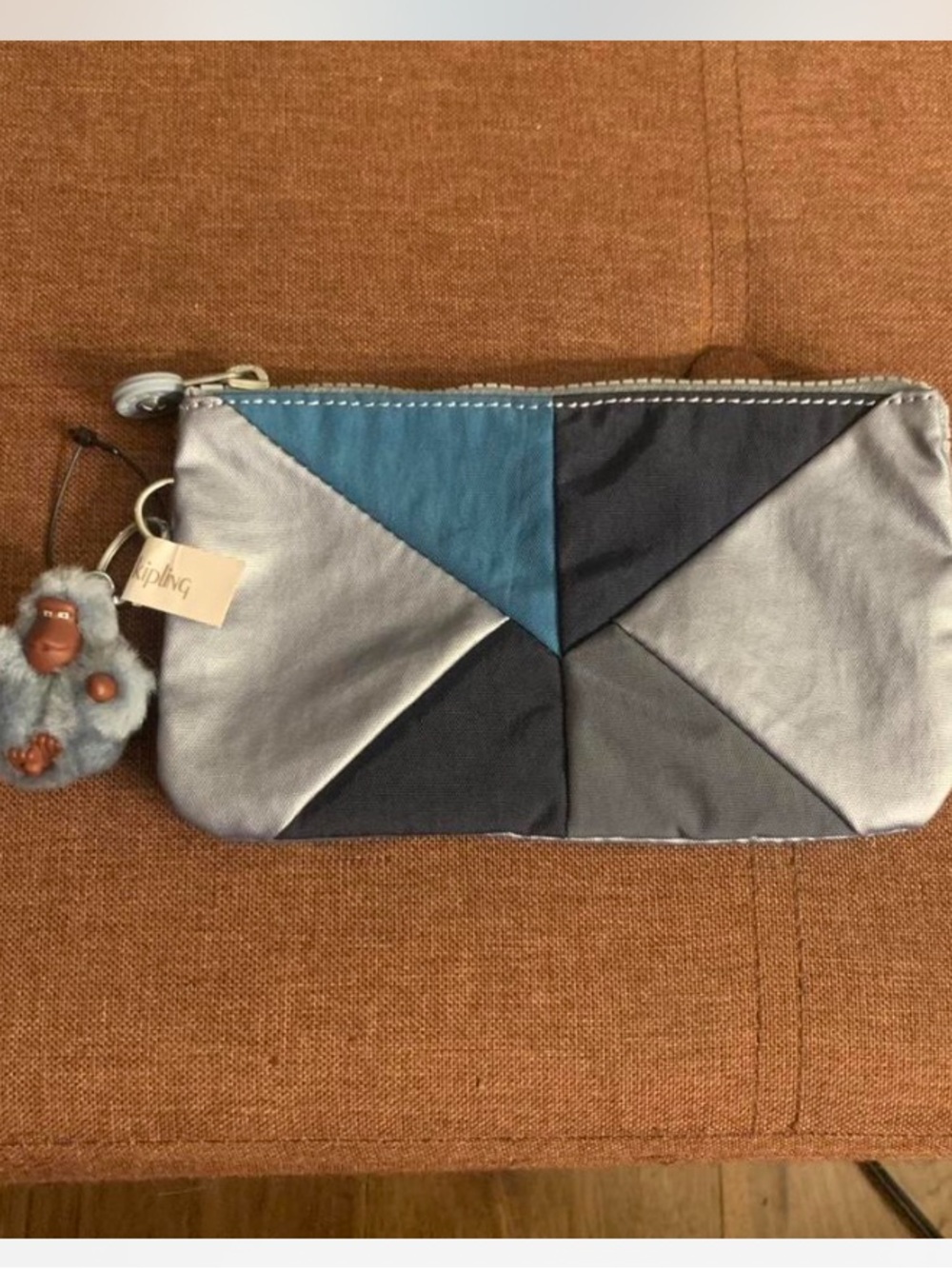 Kipling Patchwork Zip Pouch in Blue & Gray